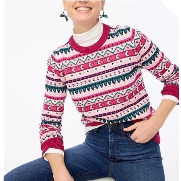 J. CREW Sweater Womens XL Pink Green Fair Isle Argyle Crewneck Cabincore Holiday - Picture 1 of 13